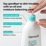 Derma B AC Control Body Lotion size reference next to scale