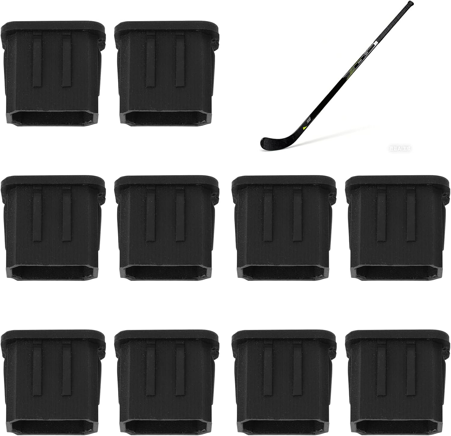 Fukaisu rubber hockey stick end plugs ten pack front view showing durable black protective caps.