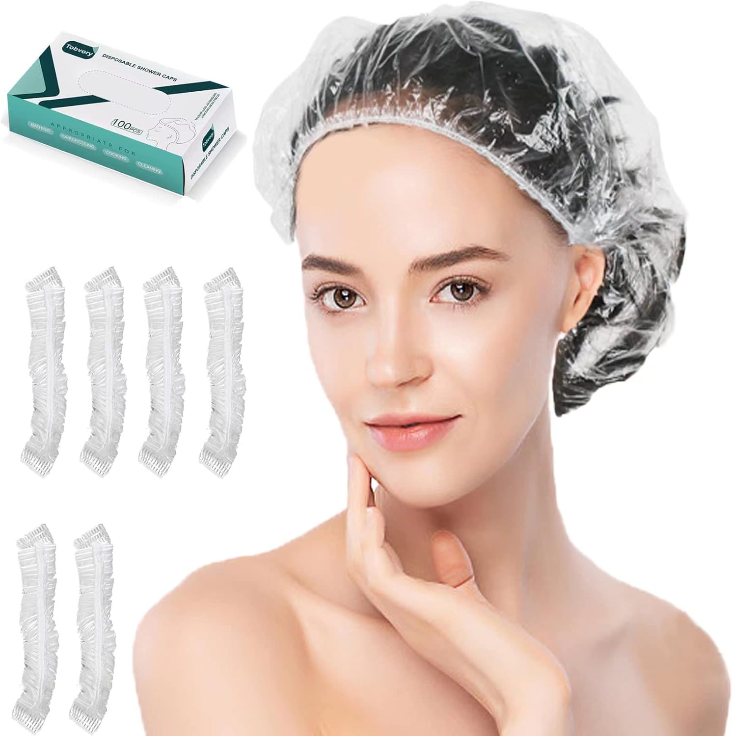 Tobvory 100 Piece Disposable Shower Caps packaging
