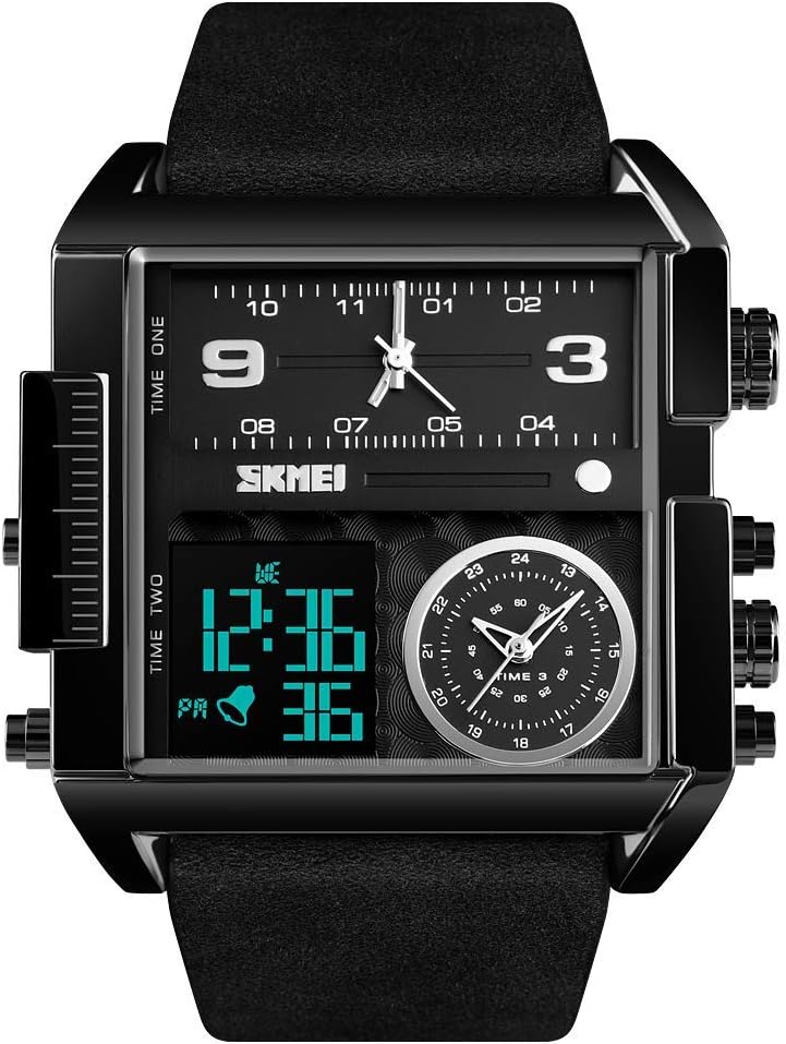 Gosasa Men's Square Large Face Analog Digital Sport Watch | LED Backlight, Three Time Zones, Stopwatch, Countdown, Alarm and Date Display, 50M Water Resistant for Outdoor and Daily Wear - Image 10