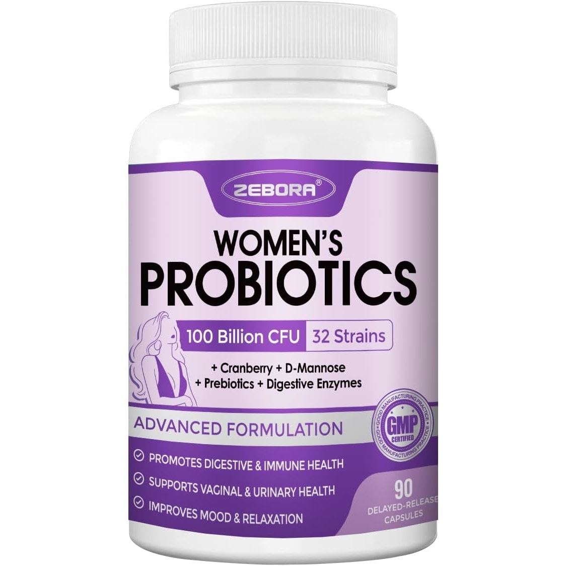ZEBORA Probiotics for Women 90 capsules front view bottle showing 100 Billion CFUs