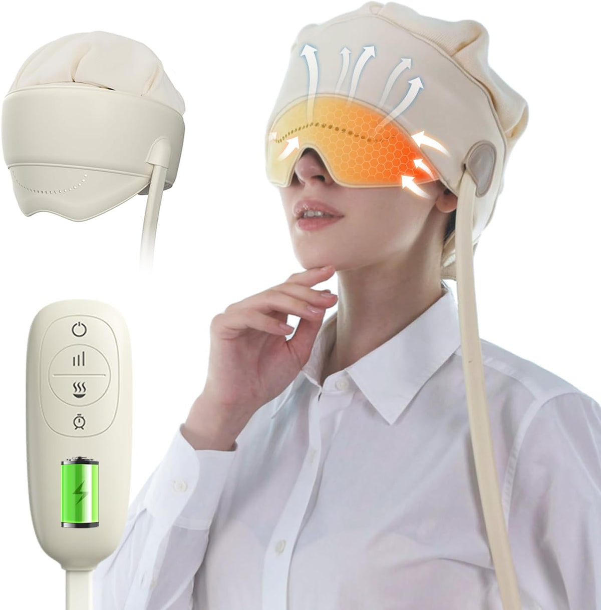 Comrelax electric head massager front view showing the beige wearable wrap design for headache relief