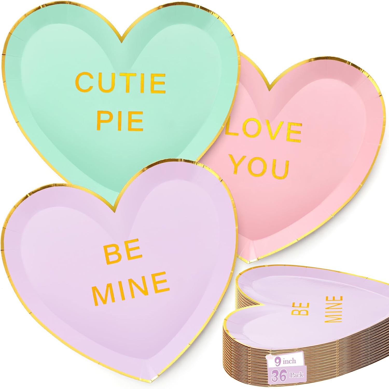 Suclain Valentines Day Heart Paper Plates front view showing pastel colors and gold rims.
