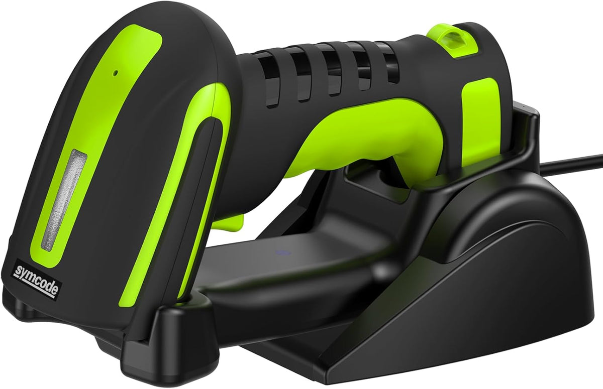 Symcode Bluetooth 2D QR Barcode Scanner front view with charging stand