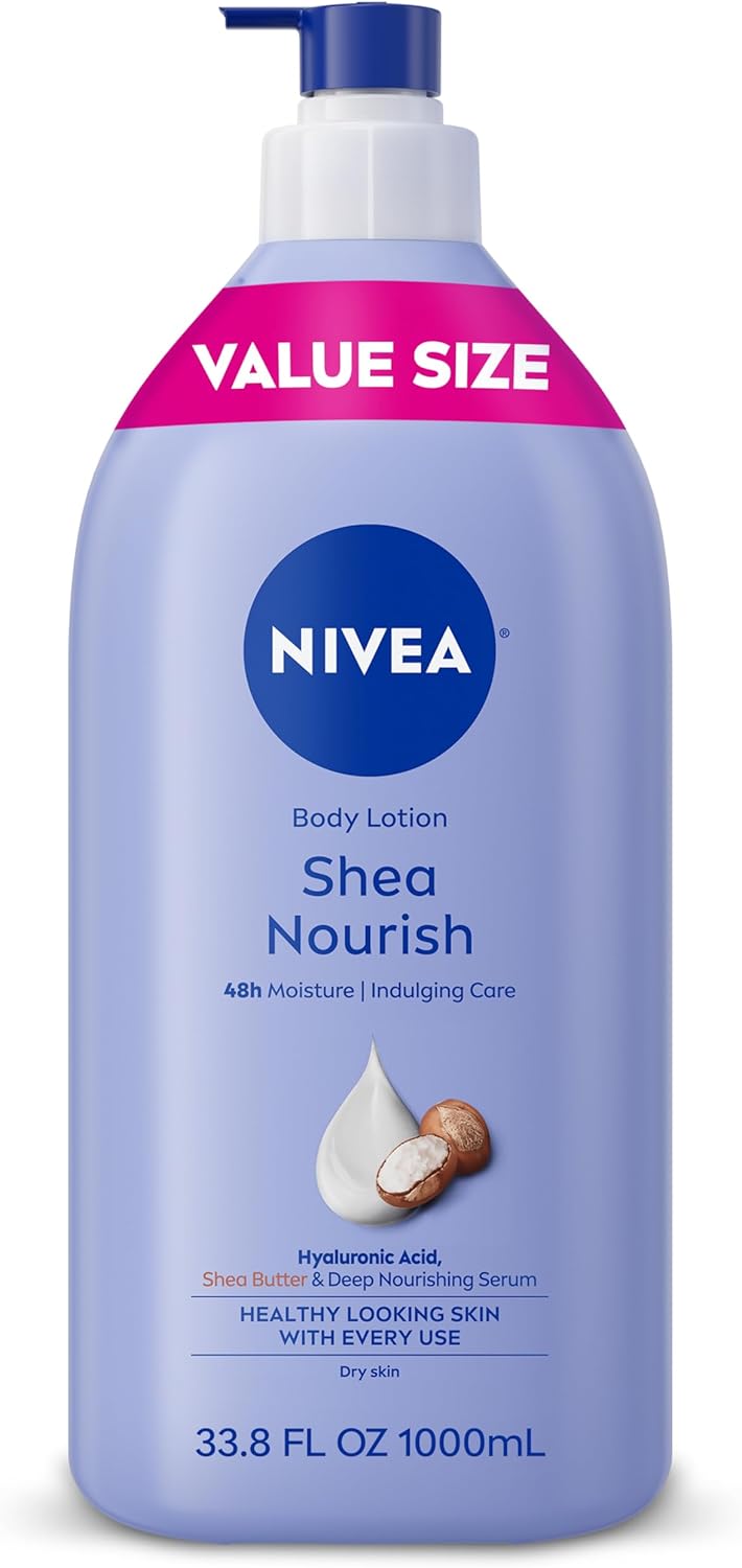 NIVEA Shea Nourish Body Lotion for Dry Skin with Hyaluronic Acid, Shea Butter and Deep Nourishing Serum, 48-Hour Body Moisturizer, 33.8 Fl Oz Pump Bottle - Image 1