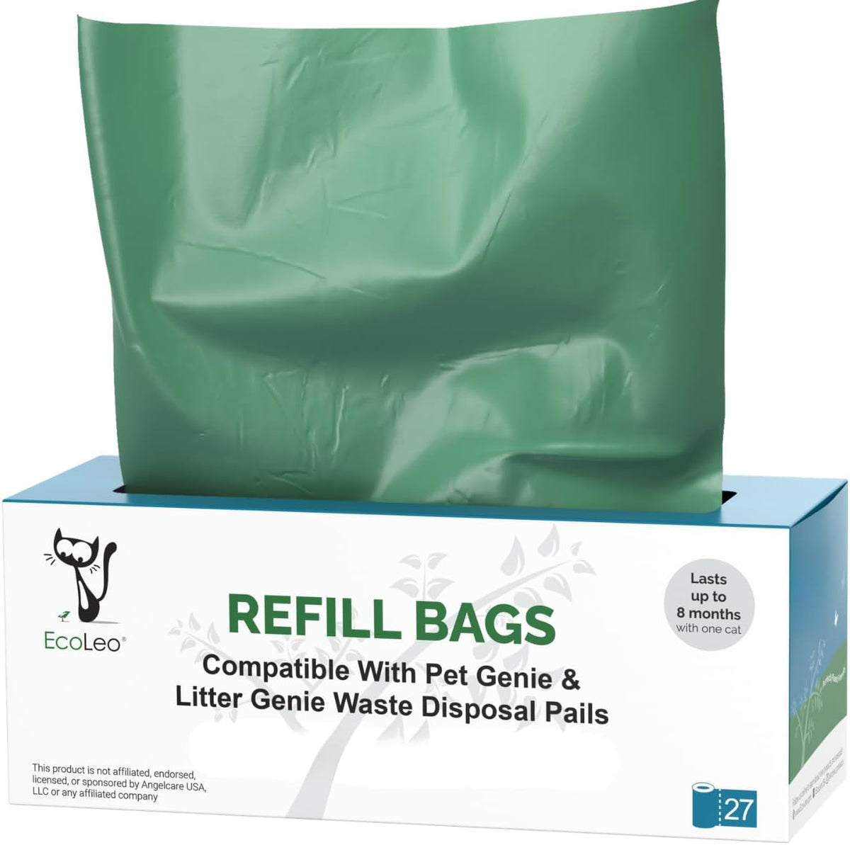 EcoLeo Litter Genie Compatible Refill Bags box packaging front view showing eco friendly cat waste liners.
