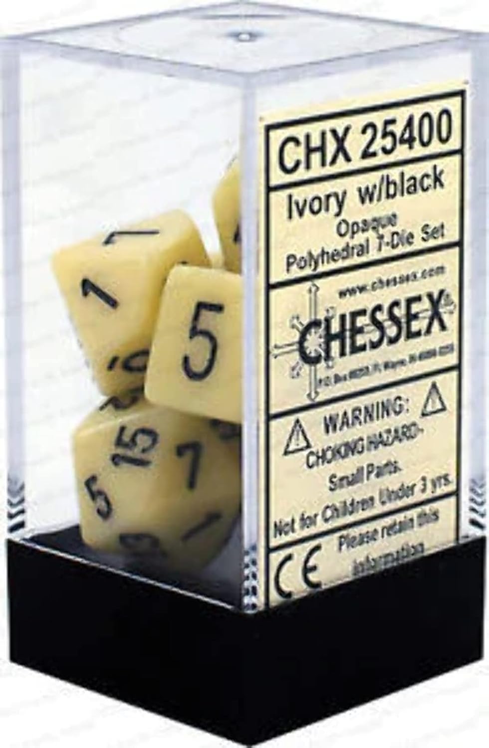 Chessex CHX25400 Dice Opaque Ivory Black Set front view polyhedral dice