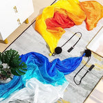 Jenaai belly dance colorful veil poi sets packaged together demonstrating the complete four piece group routine set.