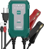 VEBU smart battery charger and maintainer front view displaying LED status indicators for vehicle diagnostics.