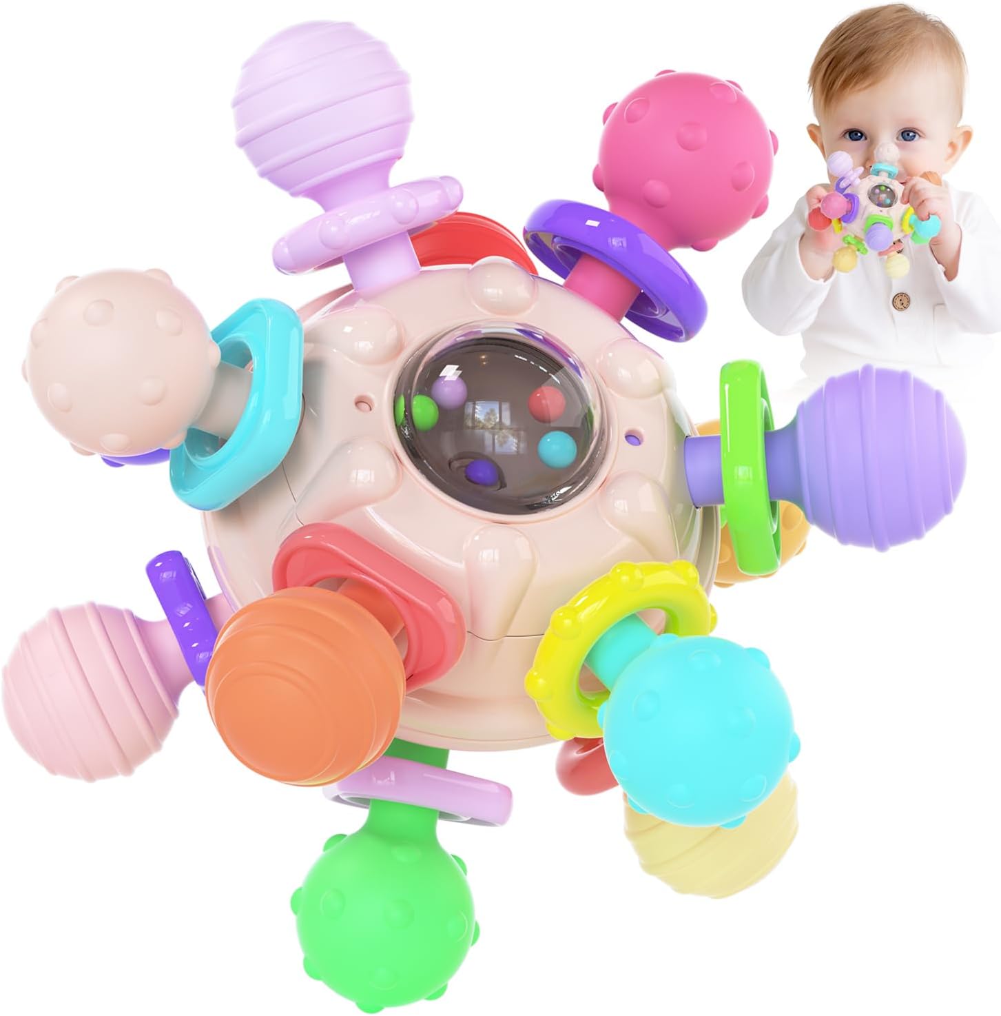 Cerberus Silicone Baby Teether front view showing pink and multicolor sensory grips