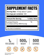 BulkSupplements Lactase Enzyme 500 grams bag showing nutritional facts and supplement ingredients