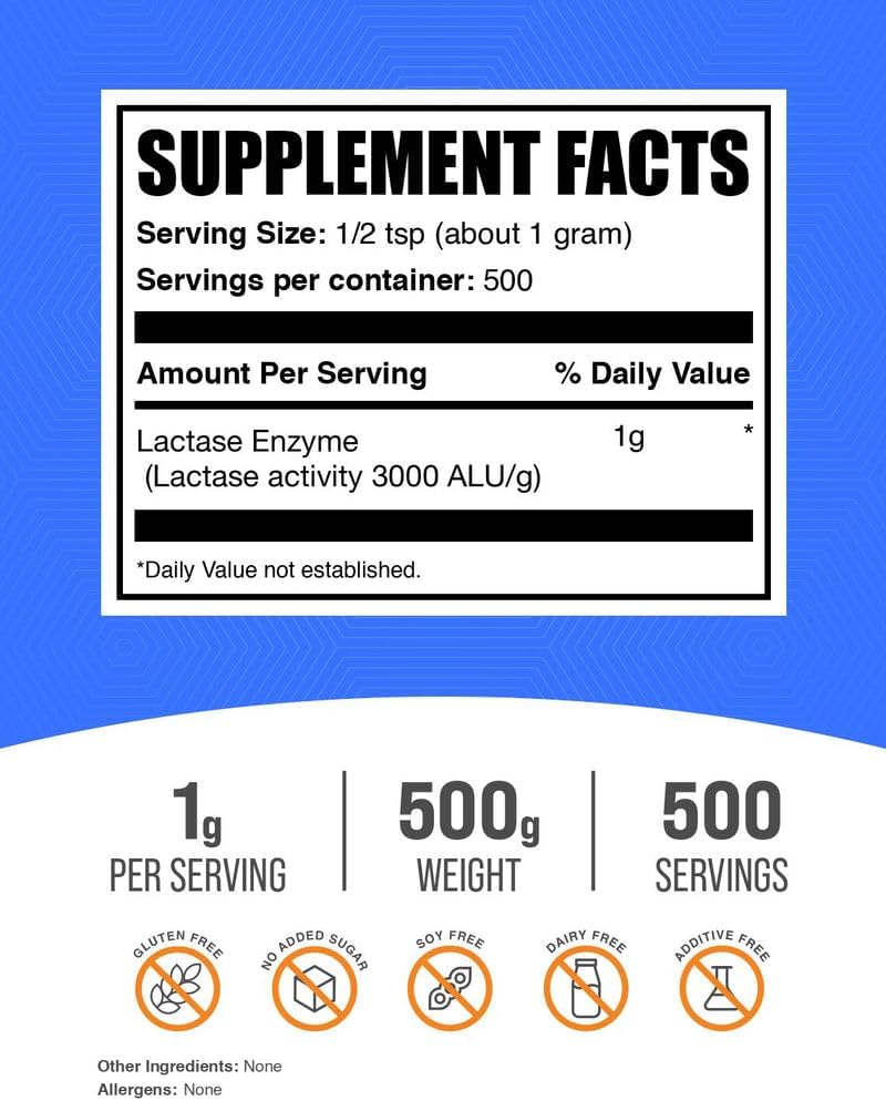 BulkSupplements Lactase Enzyme 500 grams bag showing nutritional facts and supplement ingredients