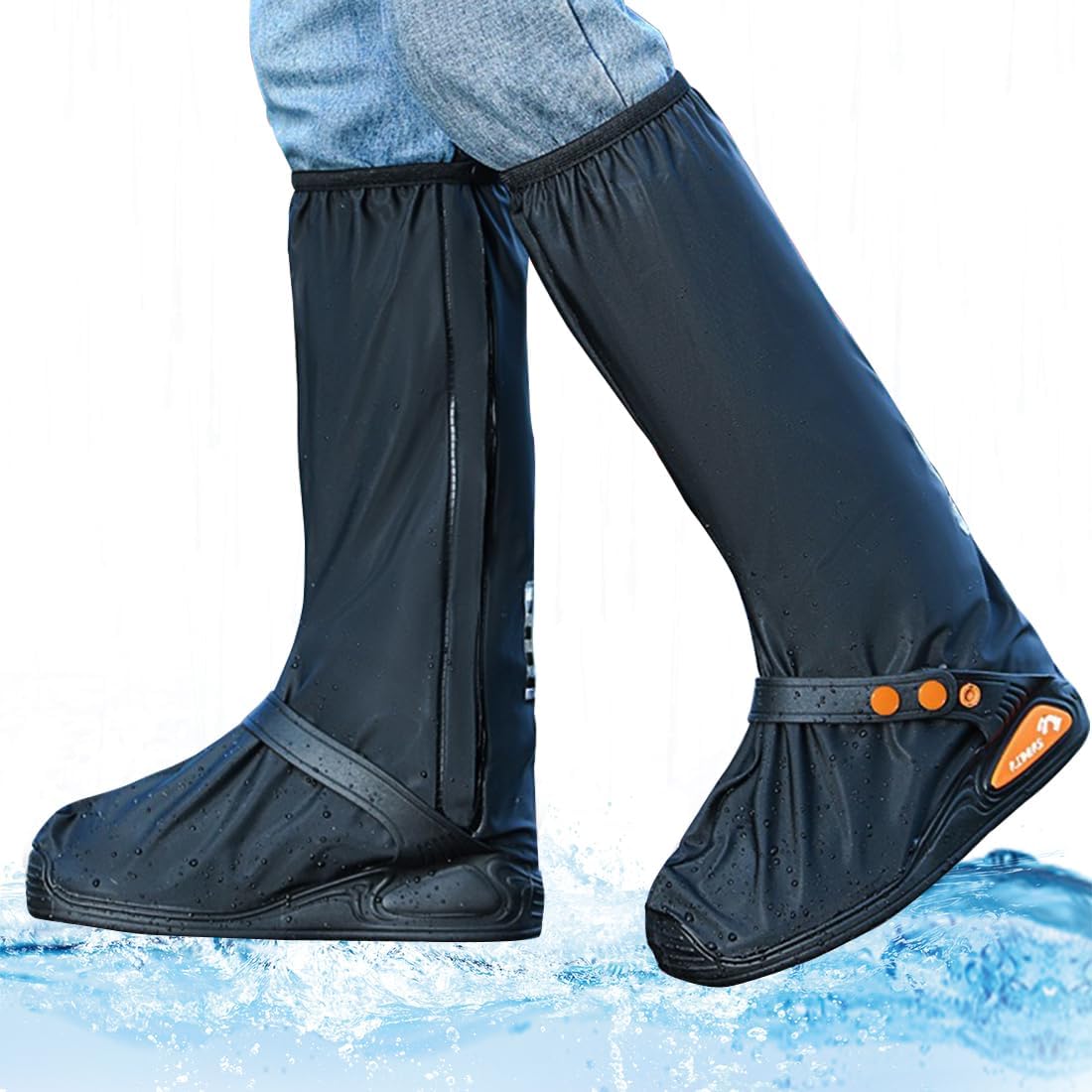 VOPHIA Waterproof Boot Shoe Cover front view showing premium black PVC material and side zipper closure.