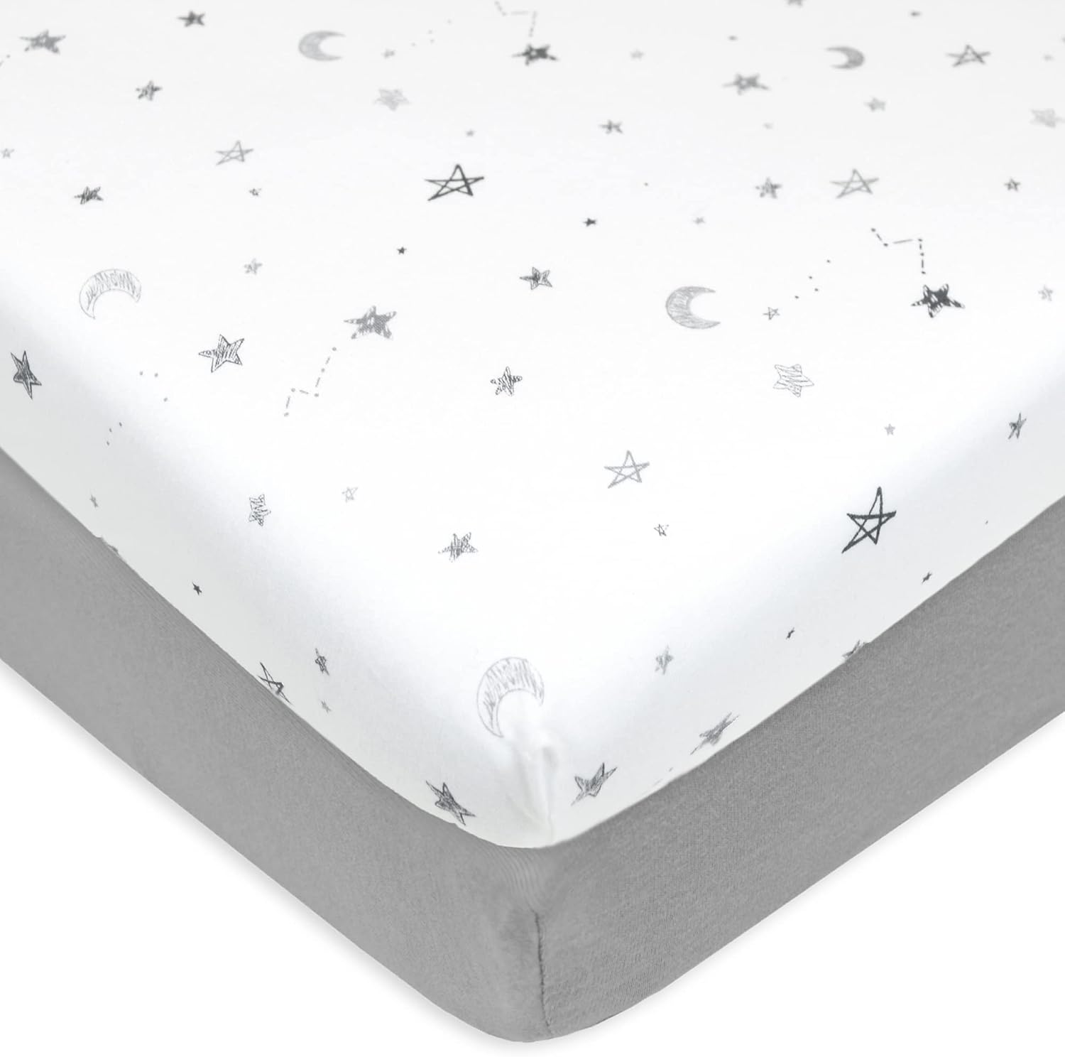 American Baby Company 2 pack natural cotton fitted playard sheets front view showcasing gray star and solid gray designs.