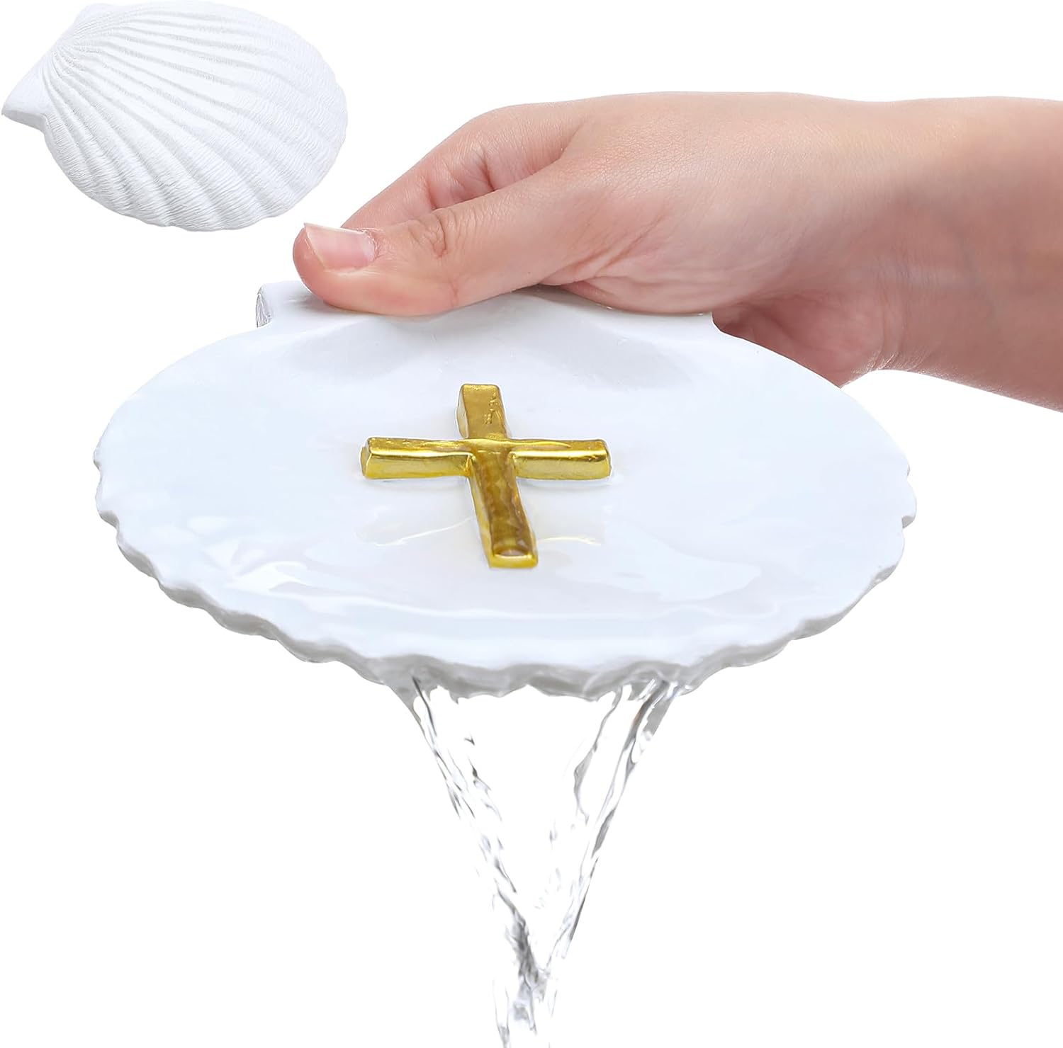 Bucherry baptismal shell front view showing white resin finish and engraved gold cross