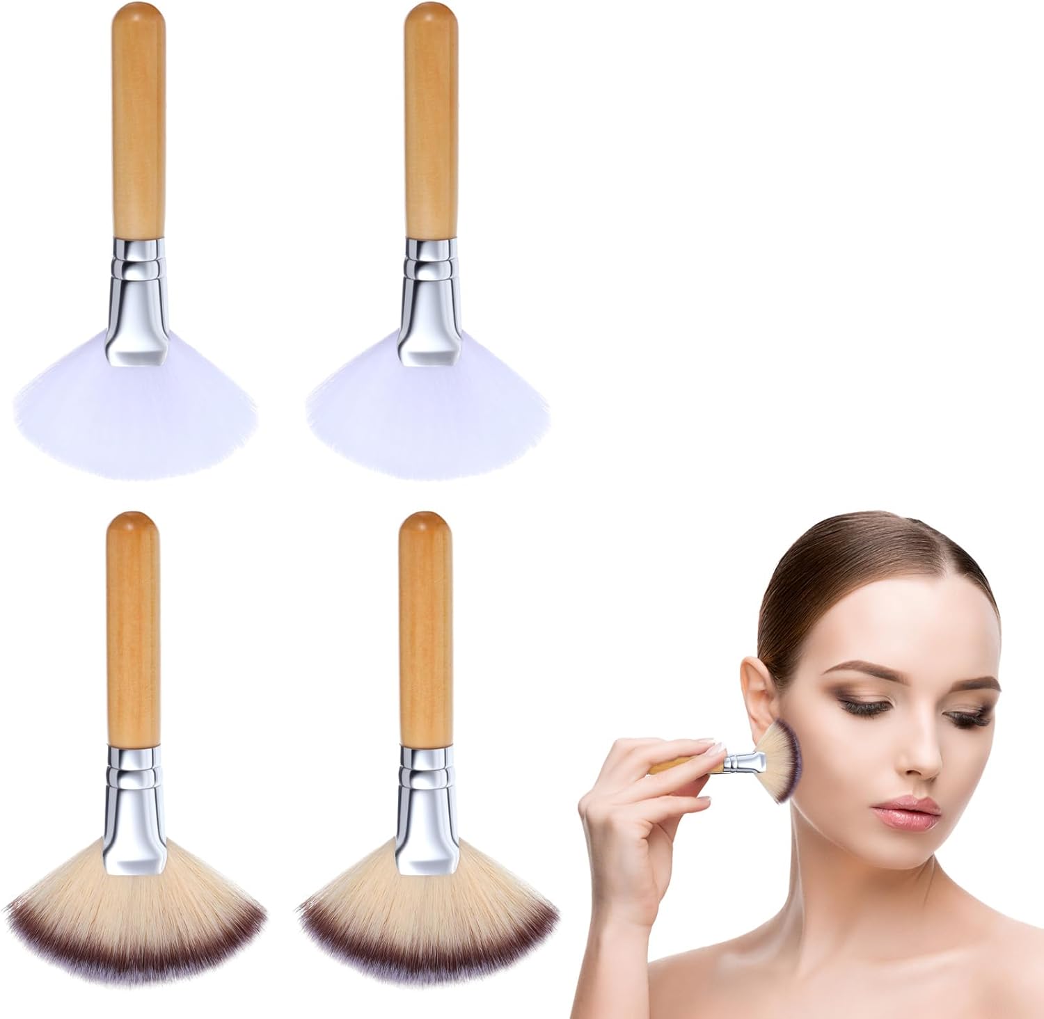 Salbsever 4 piece fluffy facial fan brushes set arranged flat on a white surface showing the soft bristles and wooden handles