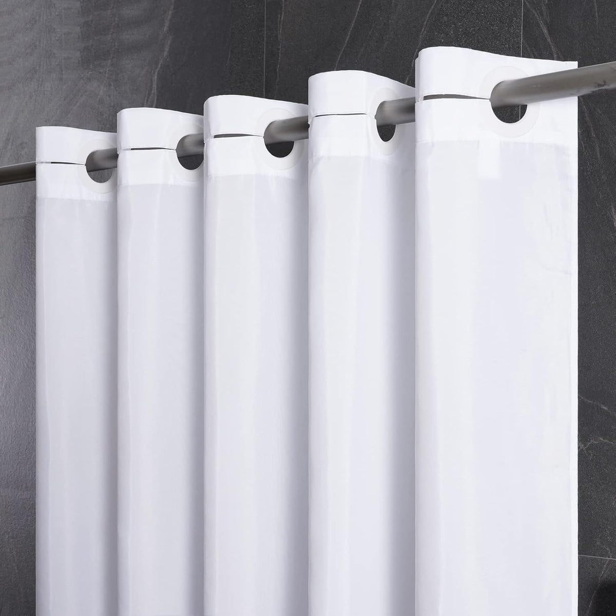 Furlinic waterproof no hook white shower curtain front view hanging in a modern hotel style bathroom