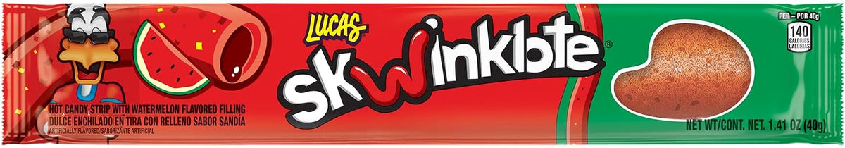 Watermelon flavored spicy candy strip showing chili powder filling inside