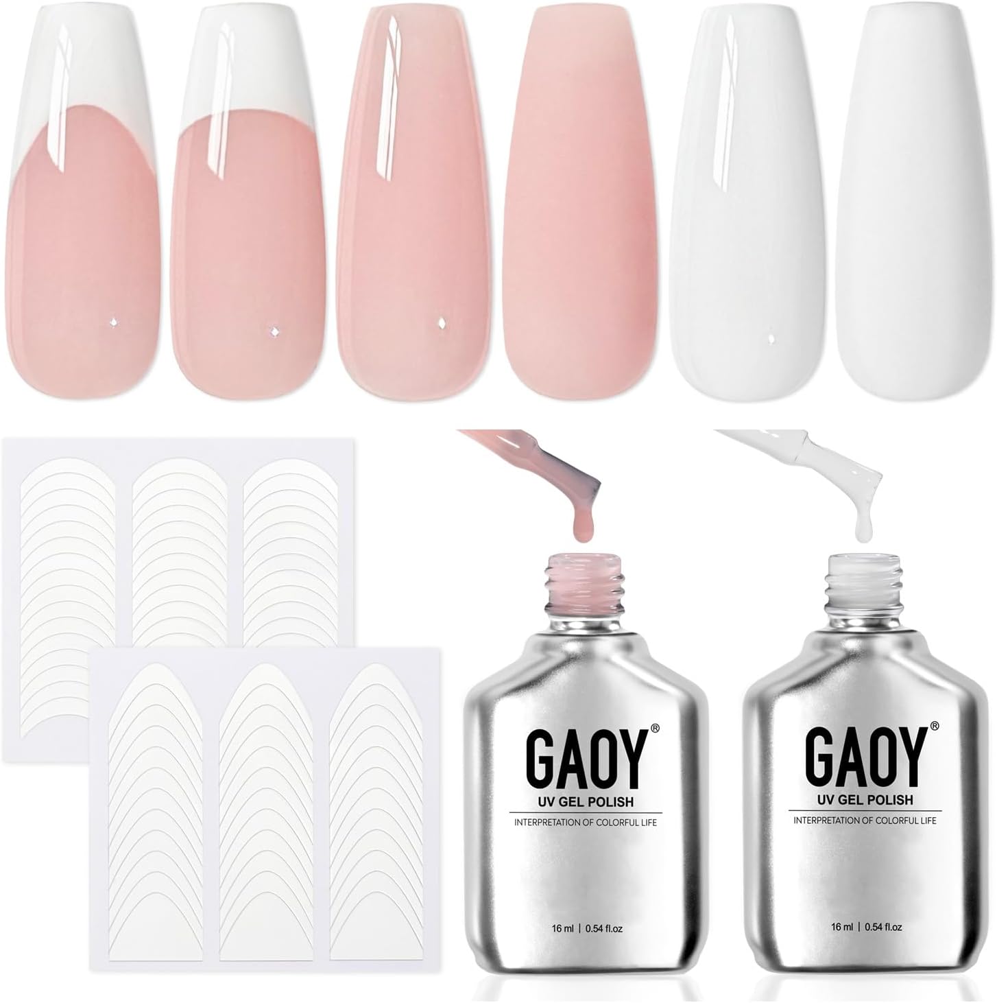 GAOY French Tip Gel Polish Set, 2Pcs Gel Nail Polish and 2 Styles Classic French Nail Art Stickers, Include Jelly Clear Pink White Colors for Manicure DIY at Home, UV Light Cure - Image 1