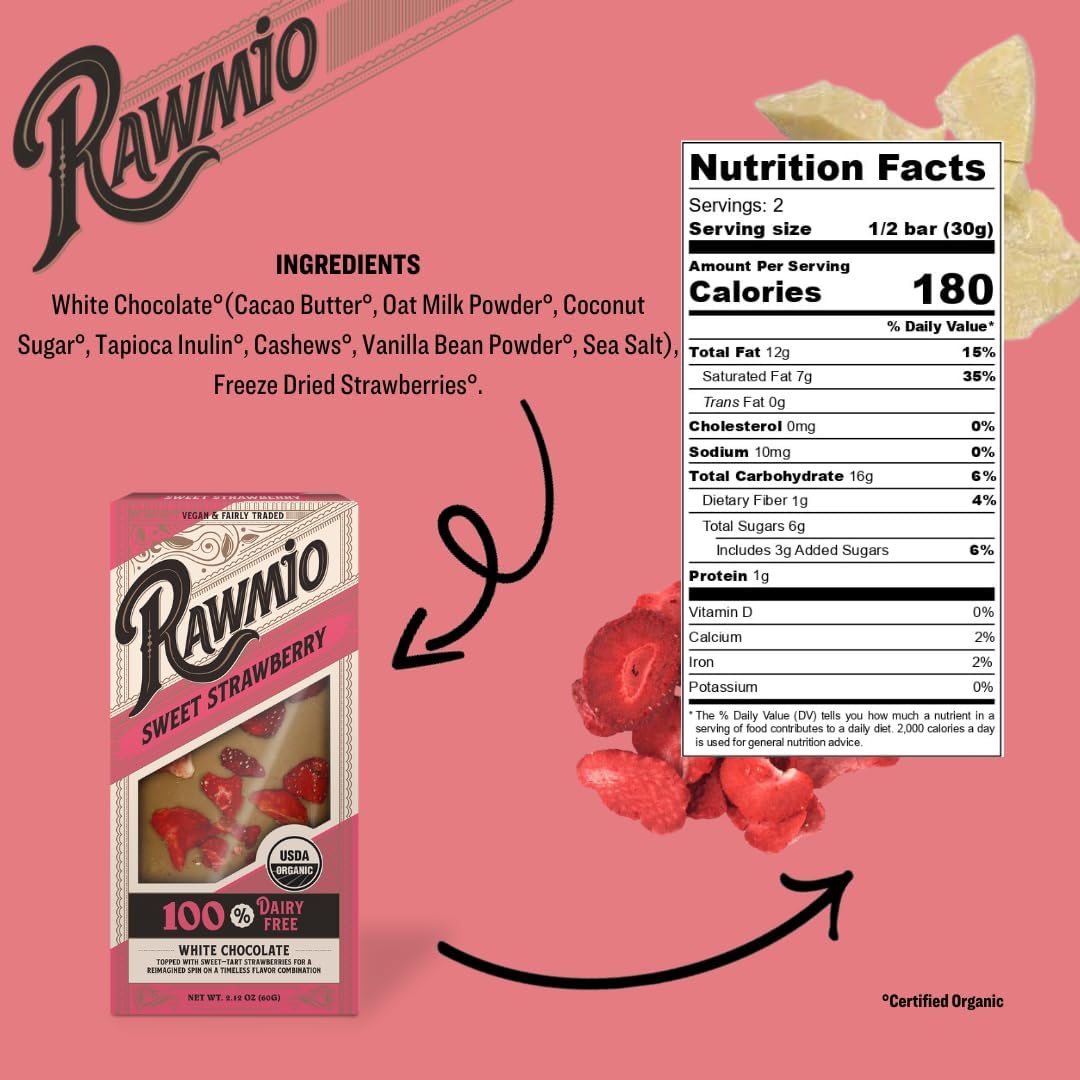 Close up of Rawmio organic strawberry vegan chocolate bar