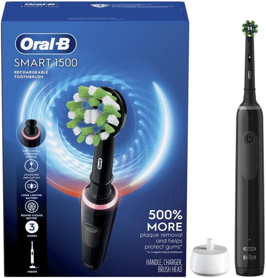 Oral-B Smart 1500 rechargeable electric toothbrush front view showing the sleek black handle and CrossAction brush head.