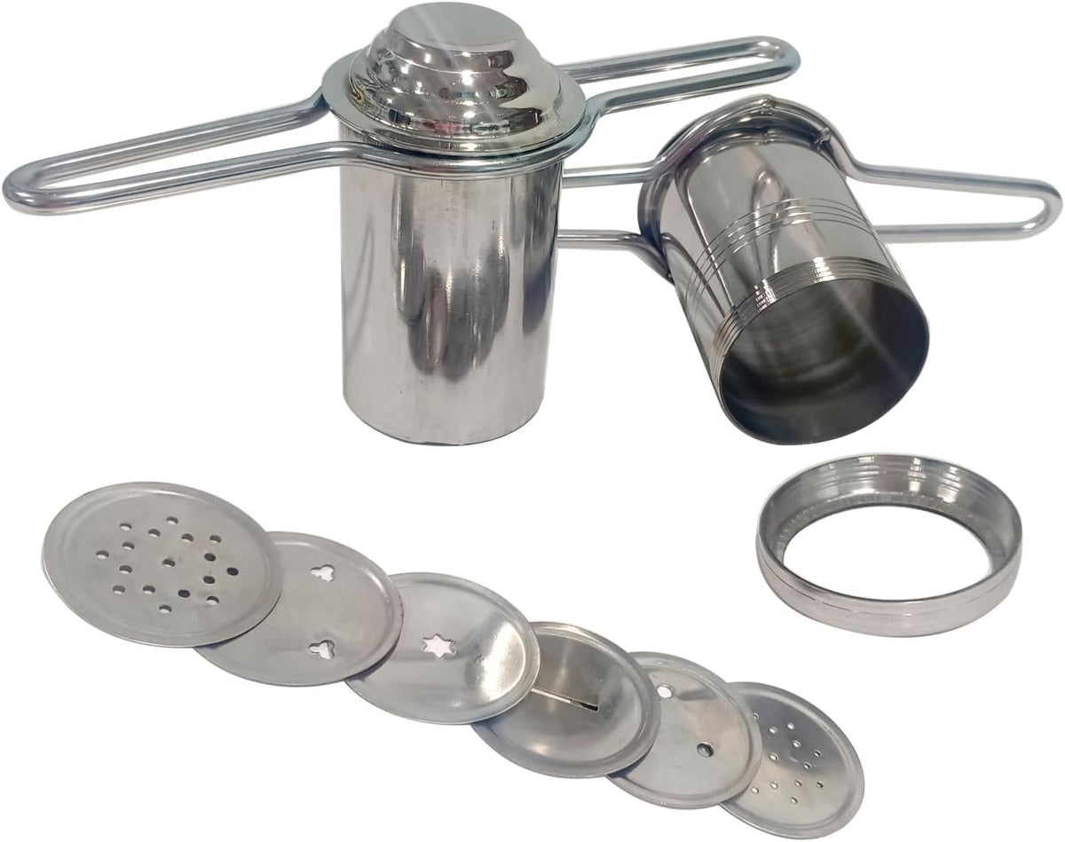 Stainless steel murukku maker showing open cylinder view
