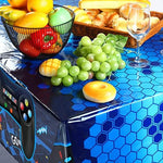 Waterproof PE plastic gaming theme table cloth protecting a rectangular table