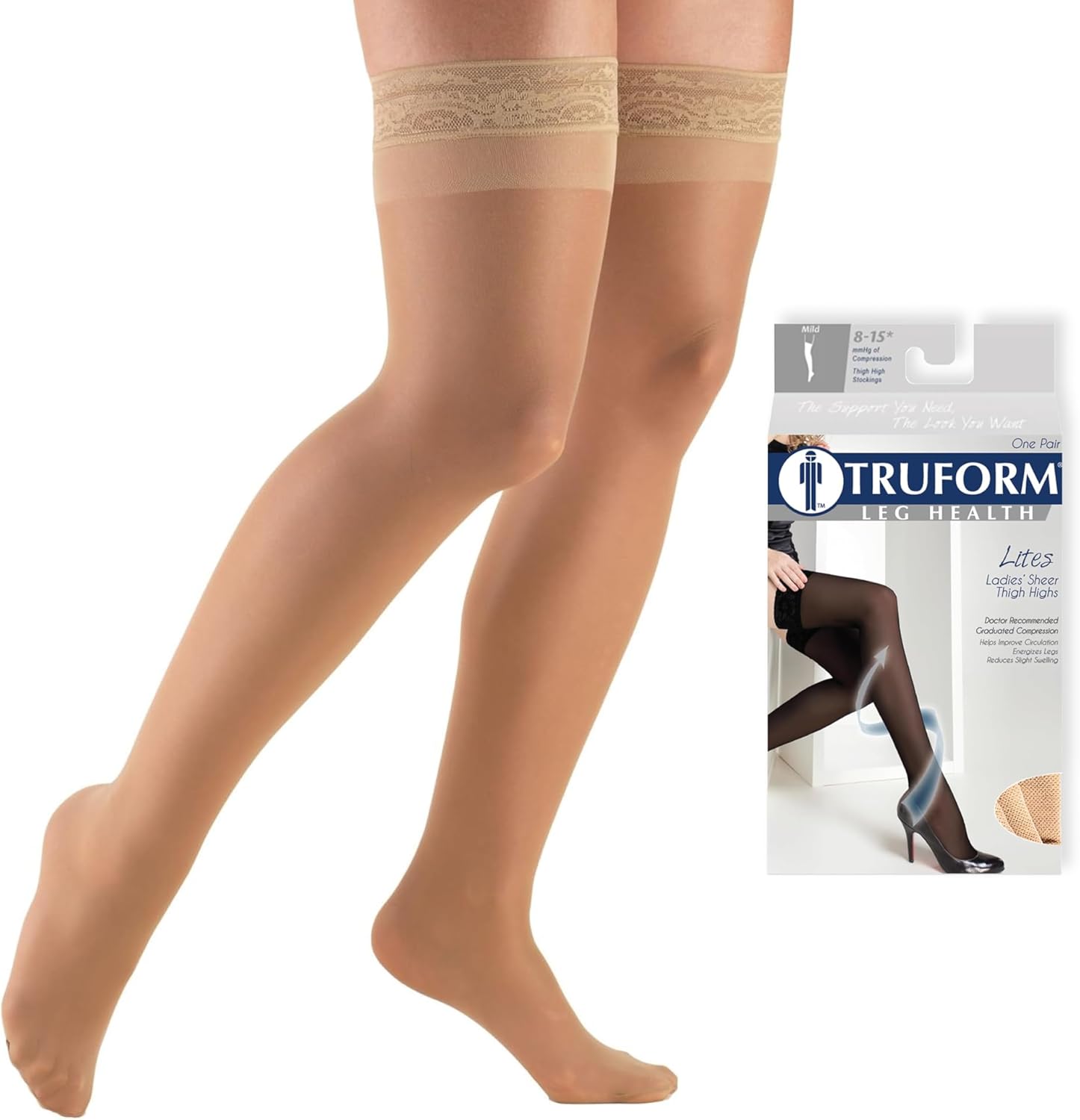 Truform Sheer Compression Stockings, 8-15 mmHg, Women's Thigh High Length, 20 Denier, Beige, Large - Image 1