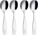 Top angle view of Annova kids dinosaur cutlery set showcasing mirror polish finish