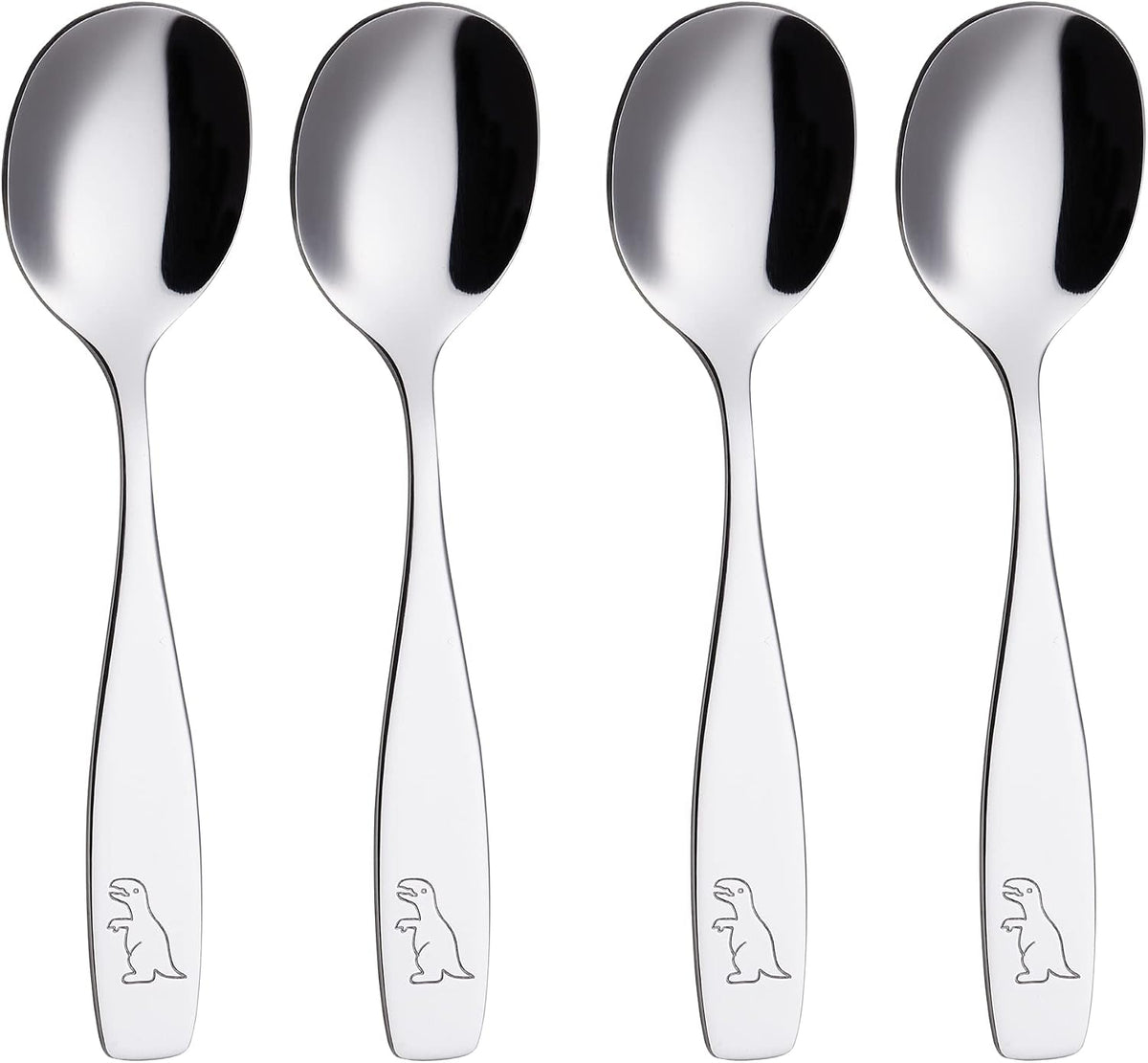 Top angle view of Annova kids dinosaur cutlery set showcasing mirror polish finish