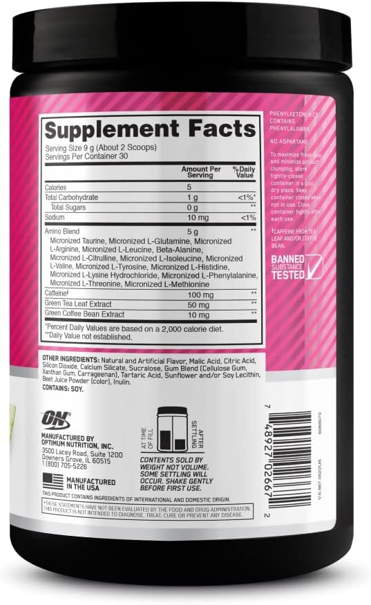 Optimum Nutrition Essential Amino Energy powder container displaying the Informed Choice certification seal.