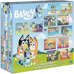 Spin Master Bluey imported toy package reverse side detailing the twelve individual puzzle scenes included.