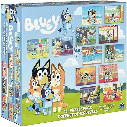 Spin Master Bluey imported toy package reverse side detailing the twelve individual puzzle scenes included.