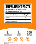BulkSupplements Taurine Powder back label showing nutrition facts and ingredient list.