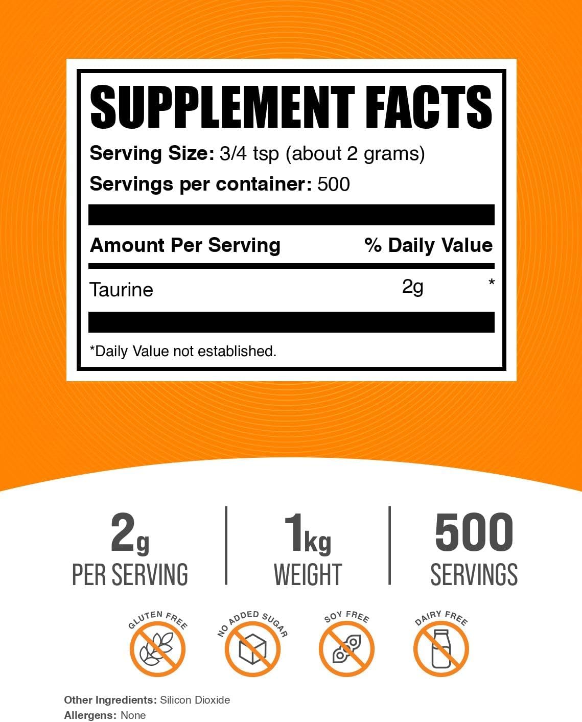 BulkSupplements Taurine Powder back label showing nutrition facts and ingredient list.