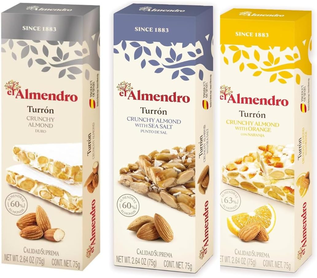 Close up of El Almendro Almond Crocanti Chocolate and Caramel Sesame brittle bars.