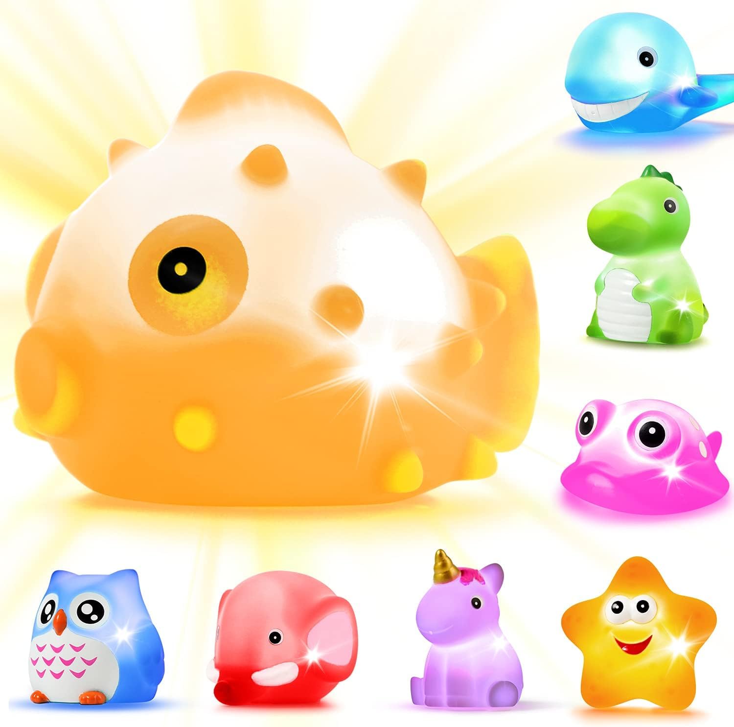 Jasnkkont 8 piece light up floating animal bath toys set front view