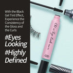 Volume enhancing glossy black lash tint product presentation.