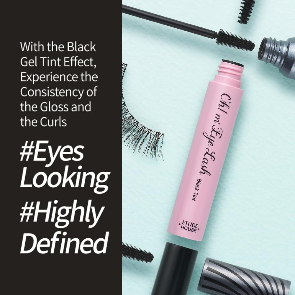 Volume enhancing glossy black lash tint product presentation.