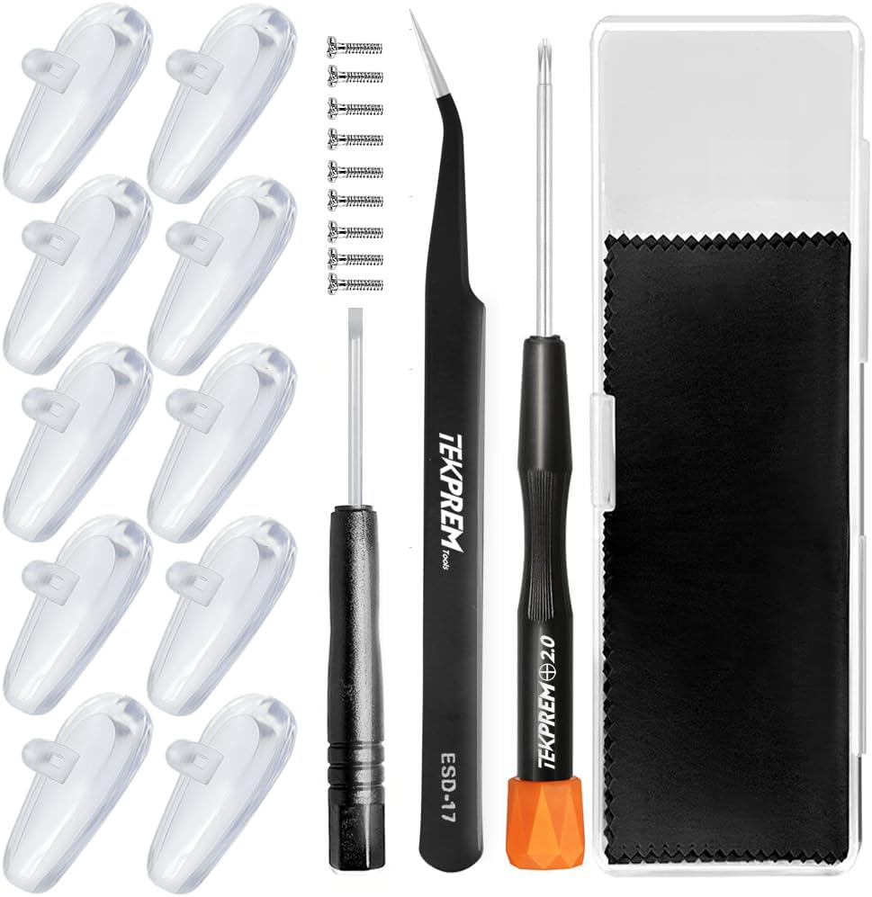 TEKPREM eyeglasses nose pads replacement repair kit front view with open travel case showing tools.