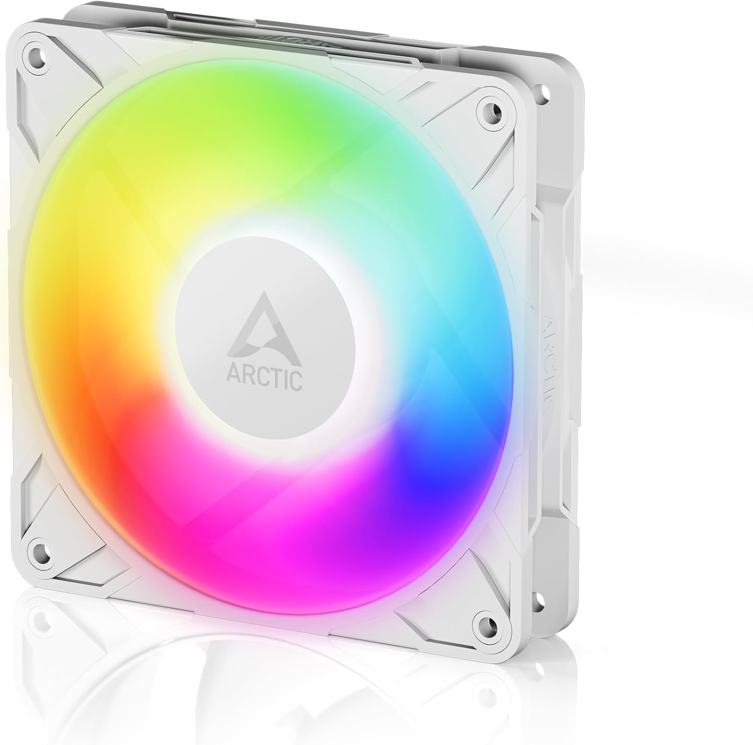 ARCTIC P12 Pro A-RGB White 120mm premium fan front view displaying premium white frame and frosted blades.