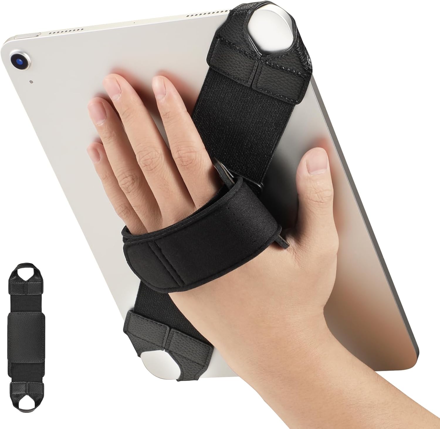 Fintie universal tablet hand strap holder front view showing premium black leather grip