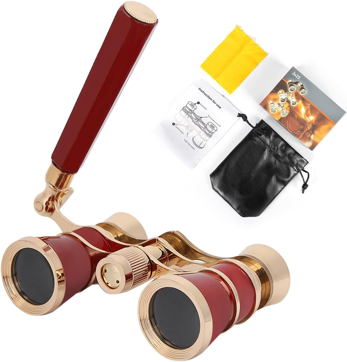 Gegong opera glasses front view showing red and gold vintage metallic finish with center focus wheel