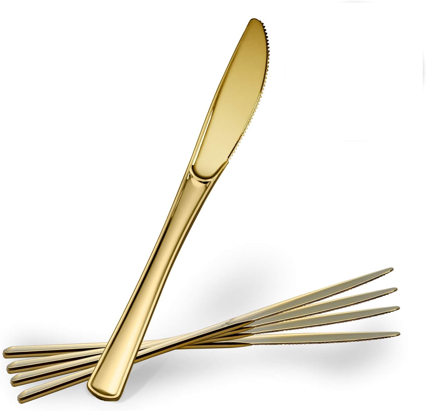 Plasticpro heavy duty gold plastic knives front view premium catering cutlery.