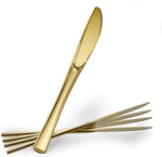 Plasticpro heavy duty gold plastic knives front view premium catering cutlery.