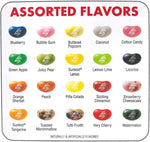 Assorted colourful gourmet jelly beans spilling out from a mini portion pouch.