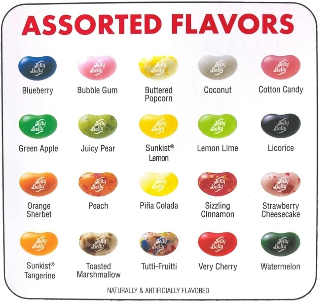 Assorted colourful gourmet jelly beans spilling out from a mini portion pouch.