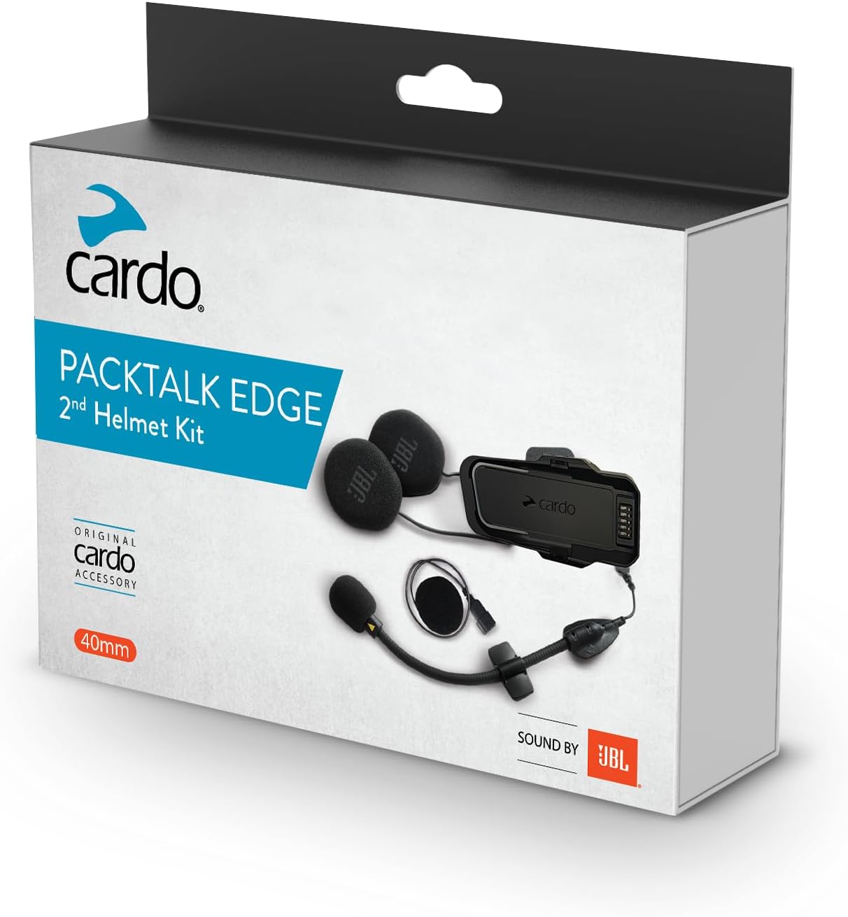 Cardo Packtalk Edge Pro second helmet kit front view showing forty millimeter JBL speakers and cradle