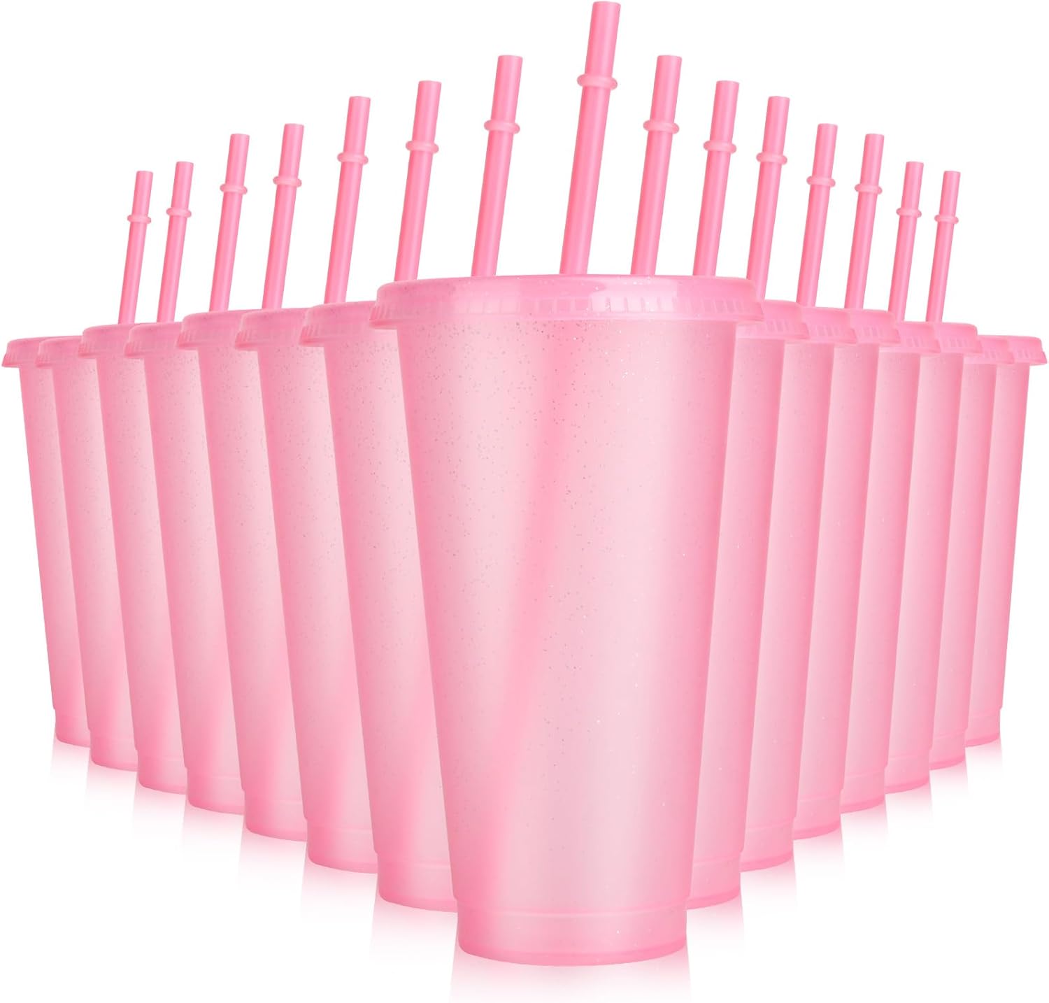 Hooqict 7 pack glitter pink tumblers with lids and straws front view