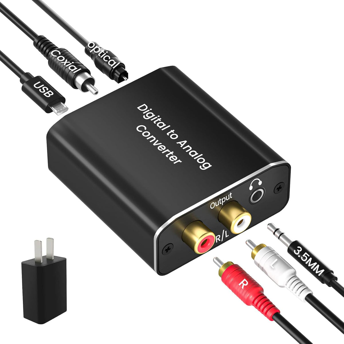 Hdiwousp digital to analog audio converter front view showcasing the aluminum housing ports